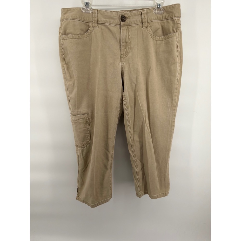 DKNY JEANS Cargo Cropped Pants Womens 12 Khaki Tan Stretch Mid Rise Capri